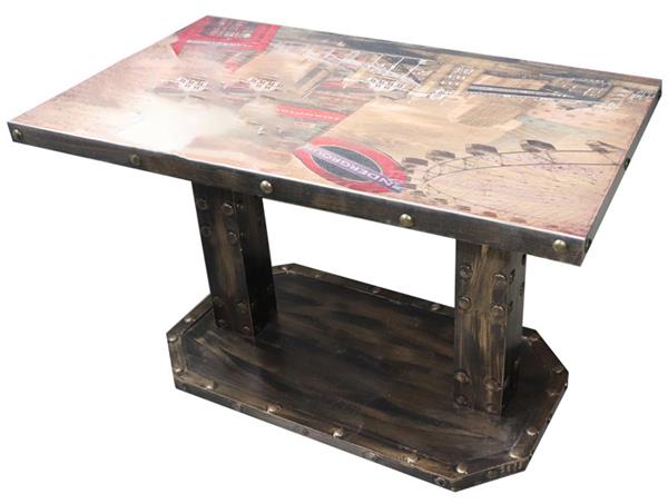 西餐廳主題工業風方餐桌_仿古實木銅釘鐵皮包邊_定制桌面印花餐桌