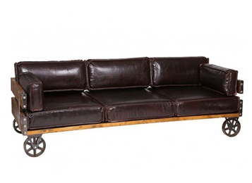 美式工業(yè)風(fēng)古典皮革實(shí)木帶輪子卡座沙發(fā)